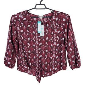 Womens West K Burgundy Casiya Tie Front Blouse Long Sleeve Polyester Size M